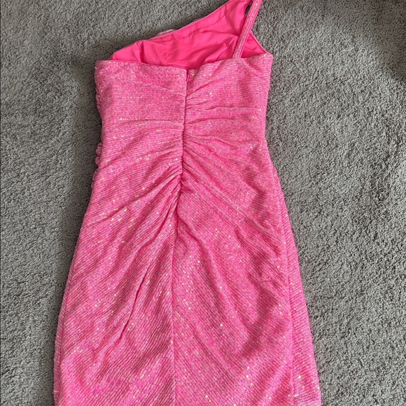 La Femme 3 neon pink one-shoulder sequin short cocktail dress homecoming hoco - Picture 7 of 8